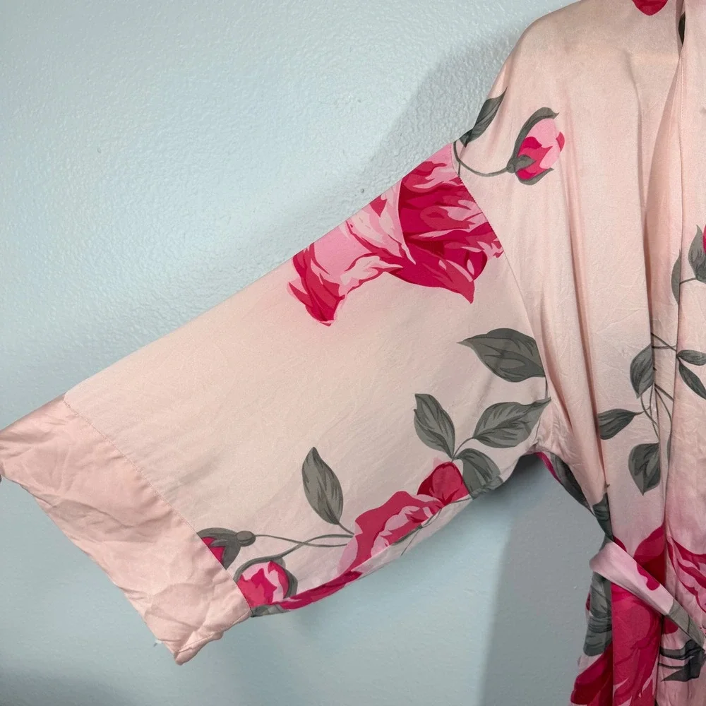 August Silk Robe Women M Pink Floral Long Silk Belted Pockets Lingerie